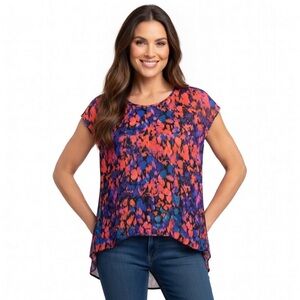 Women’s sheer, abstract-print blouse with a high-low (fishtail) hemline